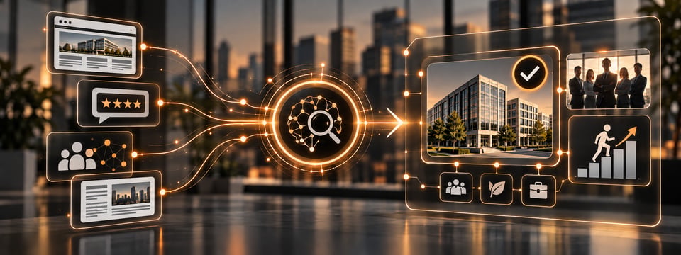 Illustration eines KI-Systems, das Informationen aus verschiedenen digitalen Quellen bündelt und ein Unternehmen als Arbeitgeber sichtbar und korrekt darstellt.