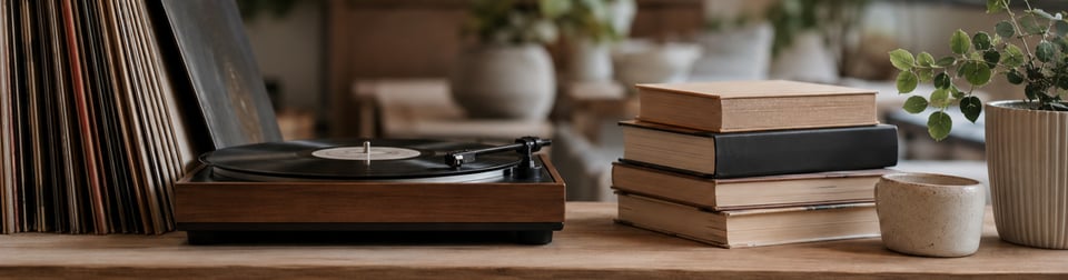 Schallplatten und Bücher als Symbol für den Trend zu Physical Media bei jungen Zielgruppen im digitalen Zeitalter.