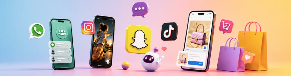 Social Advertising Q2 2026: Smartphones mit Social-Media- und Shopping-Icons symbolisieren aktuelle Plattform-Updates zu Commerce, Personalisierung und Werbung.